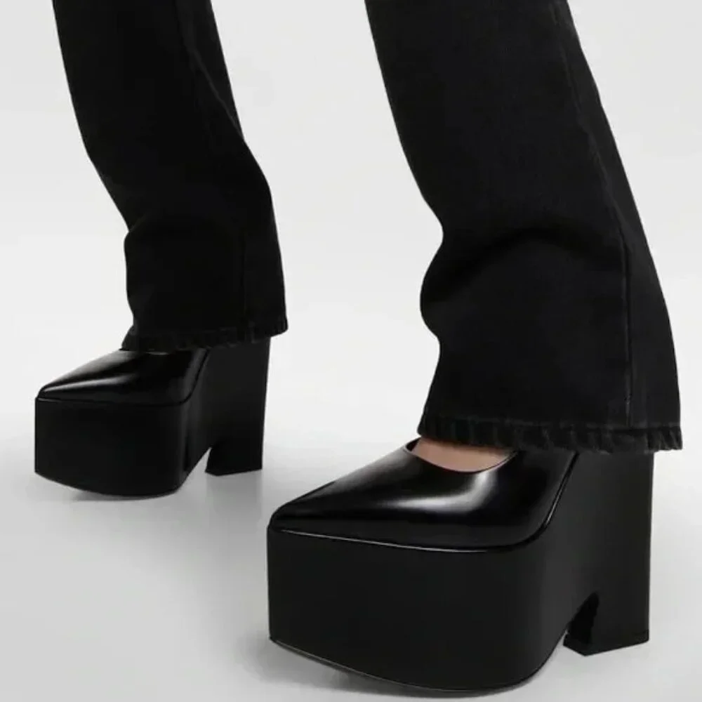 Versace Tempest Black Leather Platform Wedge Pump Heels NEW $1175, Size 8 | 38